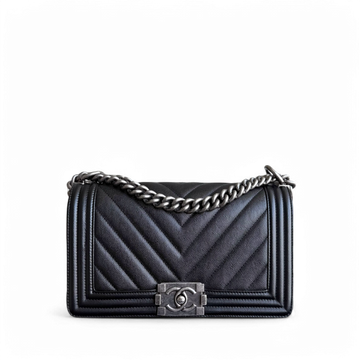 Chanel Boy Medium - Togo/epsom/caviar/clemence/callfskin/cowhide/lambskin 25CM Chevron Black Ruthenium Silver Hardware Series 24