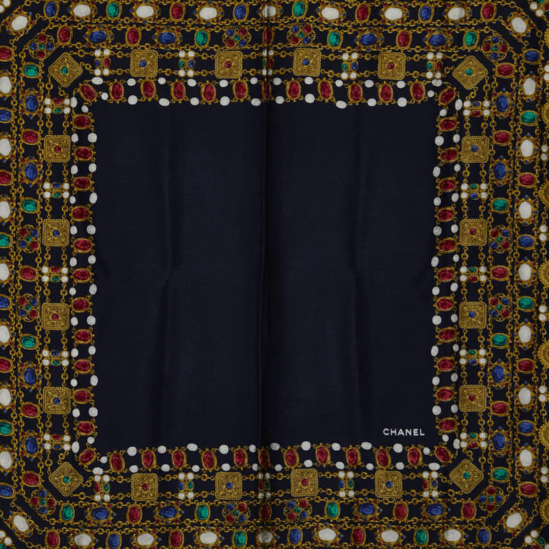 Chanel Chain Color tone Scarf Navi Gold Multicolor Silk   Chanel (Chanel)