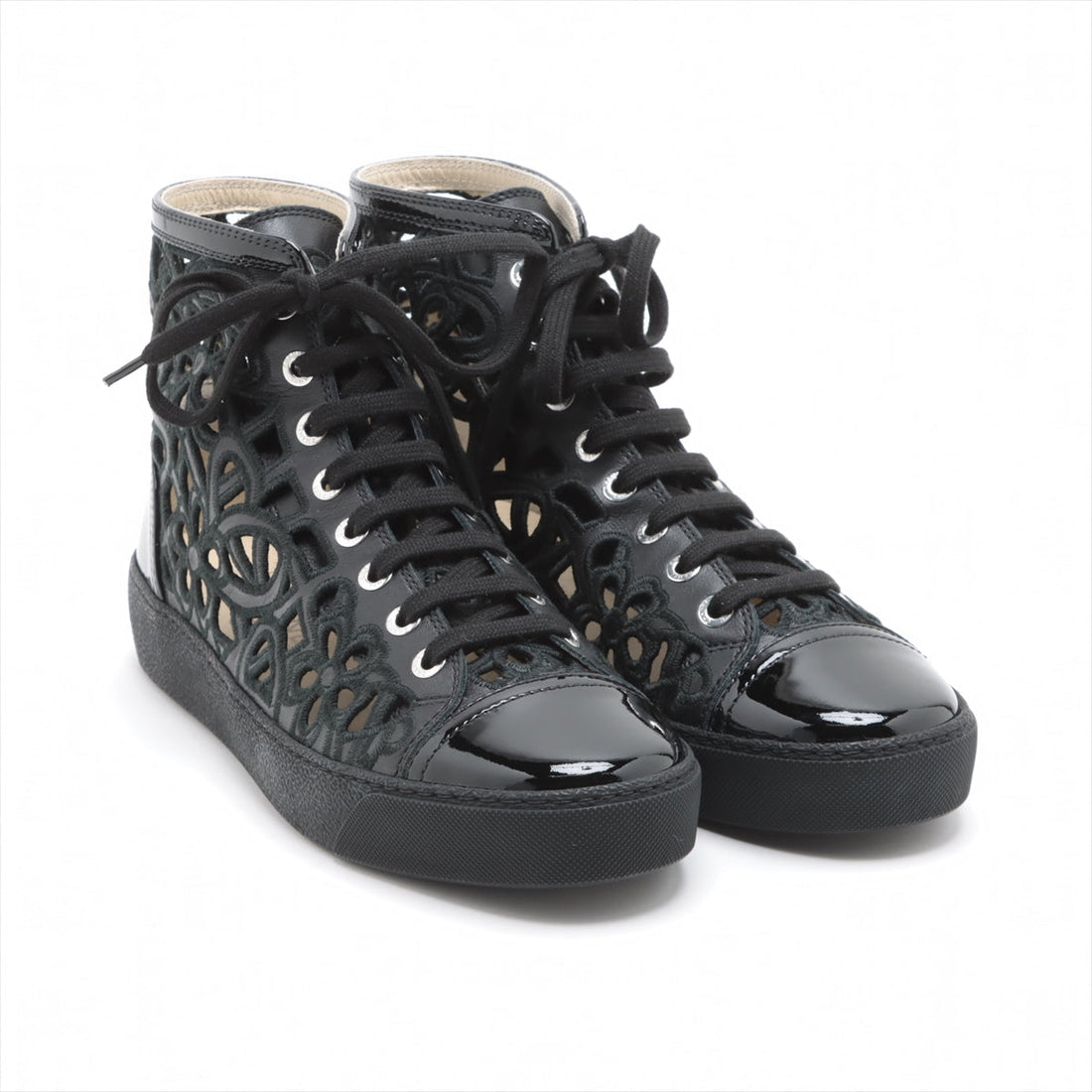 Chanel Coco Leather X Fabric High-Cut Trainers 38  Black Flower Race