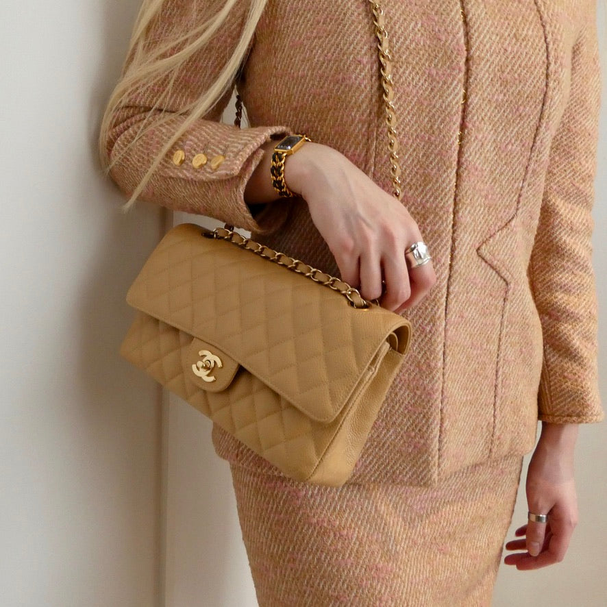 Chanel 2003-2004 Beige Caviar Medium Classic Double Flap Bag