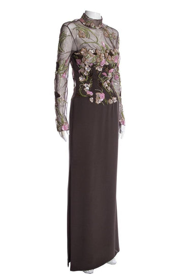 Reem Acra Grey Multi Color Sequin Floral Evening Gown SZ S/M