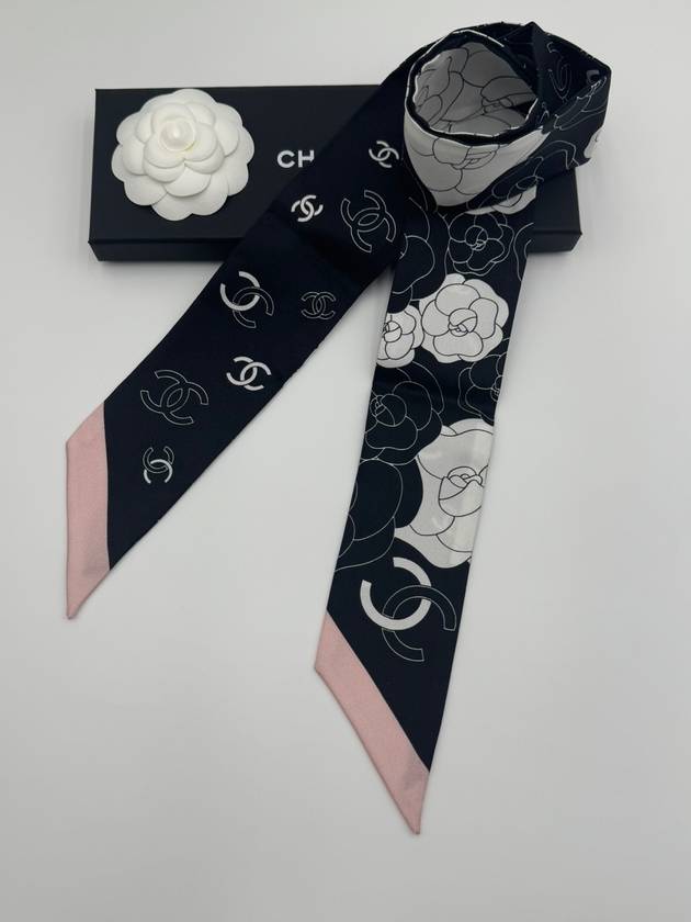 Camellia Twilly Silk Muffler Black Pink Chanel