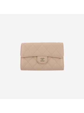 Classic Gold Logo Flap Grained Shiny CalBNkin Half Wallet Beige Chanel