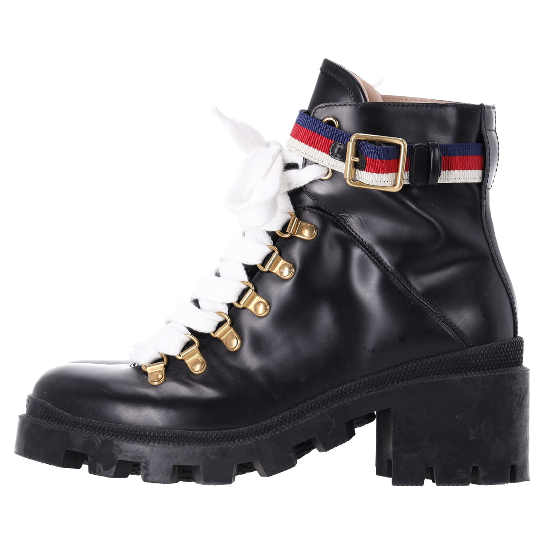 Gucci Sylvie Web Lace-Up Biker Ankle Boots in Black Calf Leather