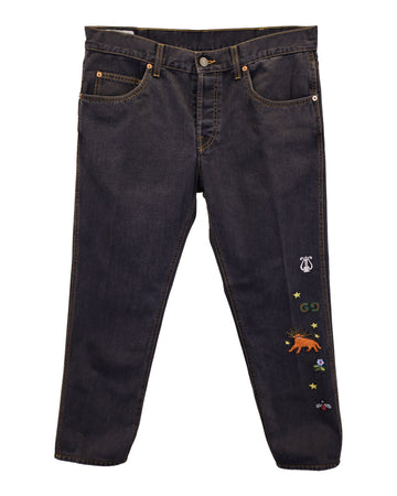 Gucci Embroidered Motif Slim-fit Jeans In Navy Blue Cotton