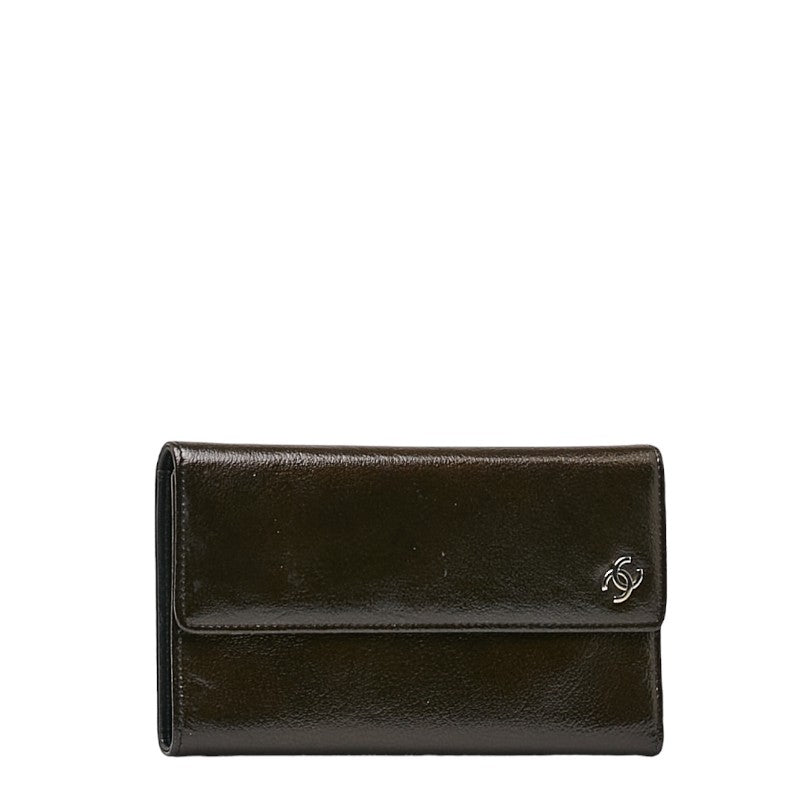 Chanel Cocono mark Three Folded Wallet Metal Curry  Leather  CHANEL