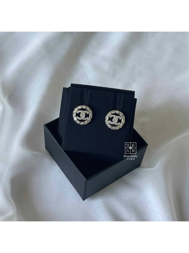 CC Logo Round Crystal Earrings Silver Chanel