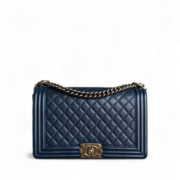 Chanel Boy New Medium - Togo/epsom/caviar/clemence/callfskin/cowhide/lambskin 28CM Quilted Dark Blue Ruthenium Gold Hardware Series 19