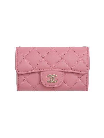 Gold Hardware CC Logo Classic Lambskin Flap Card Wallet  Pink Chanel