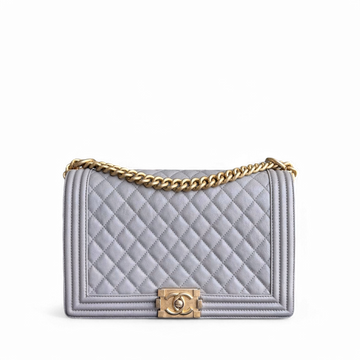 Chanel Boy Medium - Togo/epsom/caviar/clemence/callfskin/cowhide/lambskin 28CM Quilted Grey Gray Gold Hardware Series 26