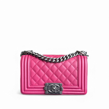 Chanel Boy Small - 20CM Quilted CalBNkin Hot Pink Ruthenium Silver Hardware Series 26