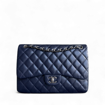Chanel Classic Flap Jumbo - Togo/epsom/caviar/clemence/callfskin/cowhide/lambskin Double Flap 30CM Quilted Grained CalBNkin Dark Navy Blue Silver Hardware Series 19