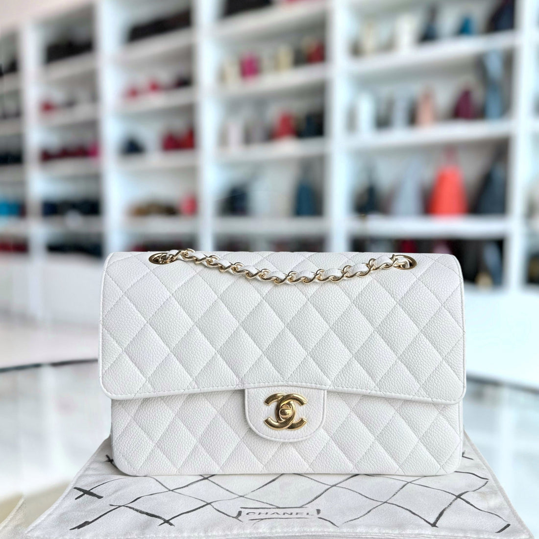 Chanel Classic Flap Medium - Togo/epsom/caviar/clemence/callfskin/cowhide/lambskin 25CM Quilted Snow White Gold Hardware Series 14