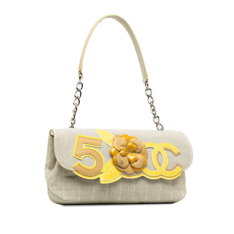 Chanel Cocono mark Chocolate Bar Camellia Chain Shoulder Bag Beige Yellow Canvas  Leather Lady CHANEL