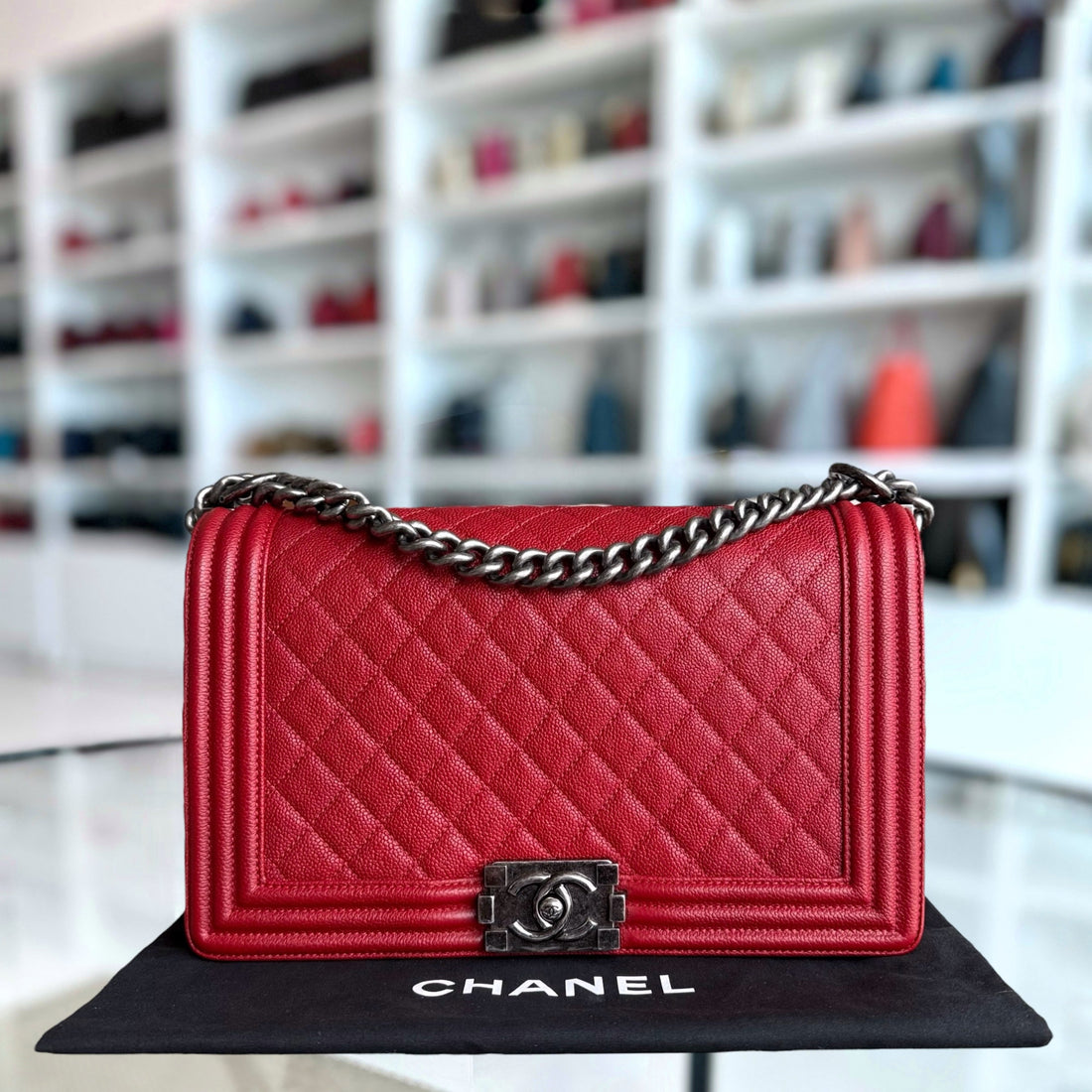 Chanel Boy Medium - Togo/epsom/caviar/clemence/callfskin/cowhide/lambskin 28CM Quilted Dark Red Ruthenium Silver Hardware Series 23