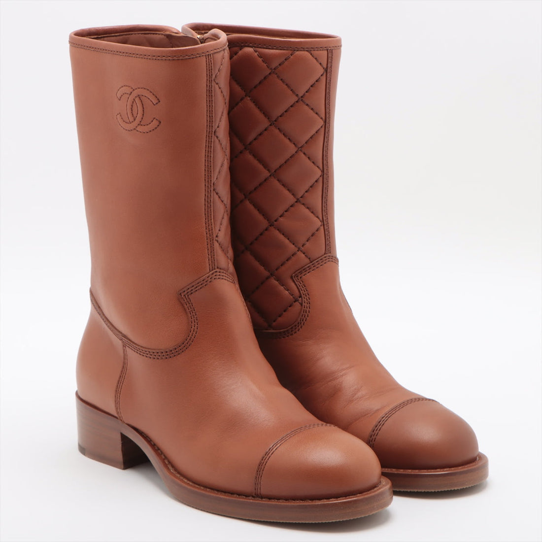 Chanel Coco Leather Short Boots 36C  Brown G36707 Matrasse Side Zip Box  Bag