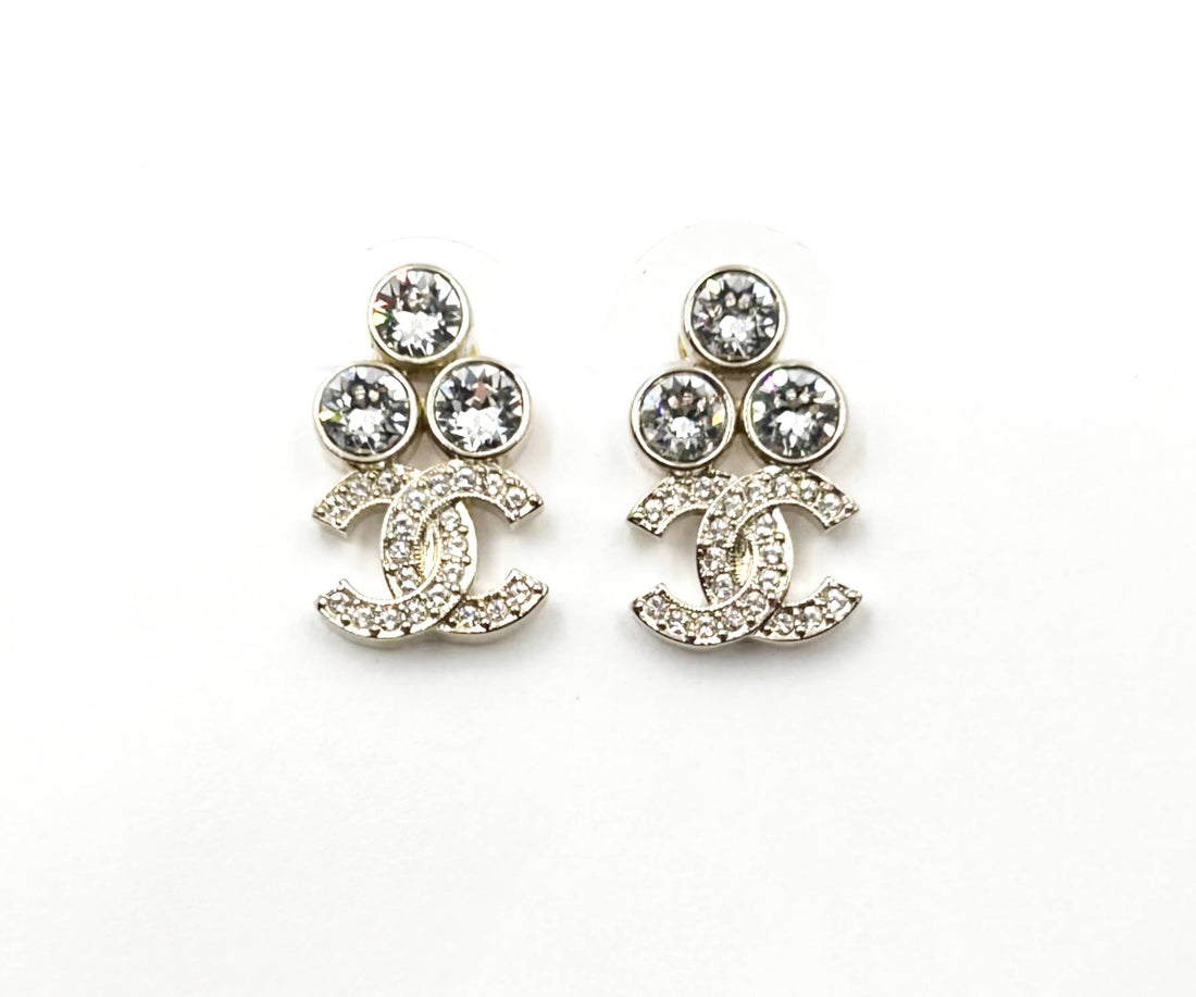 Top Quality Chanel Brand New Gold 3 Round Crystal CC Small Piercing Earrings