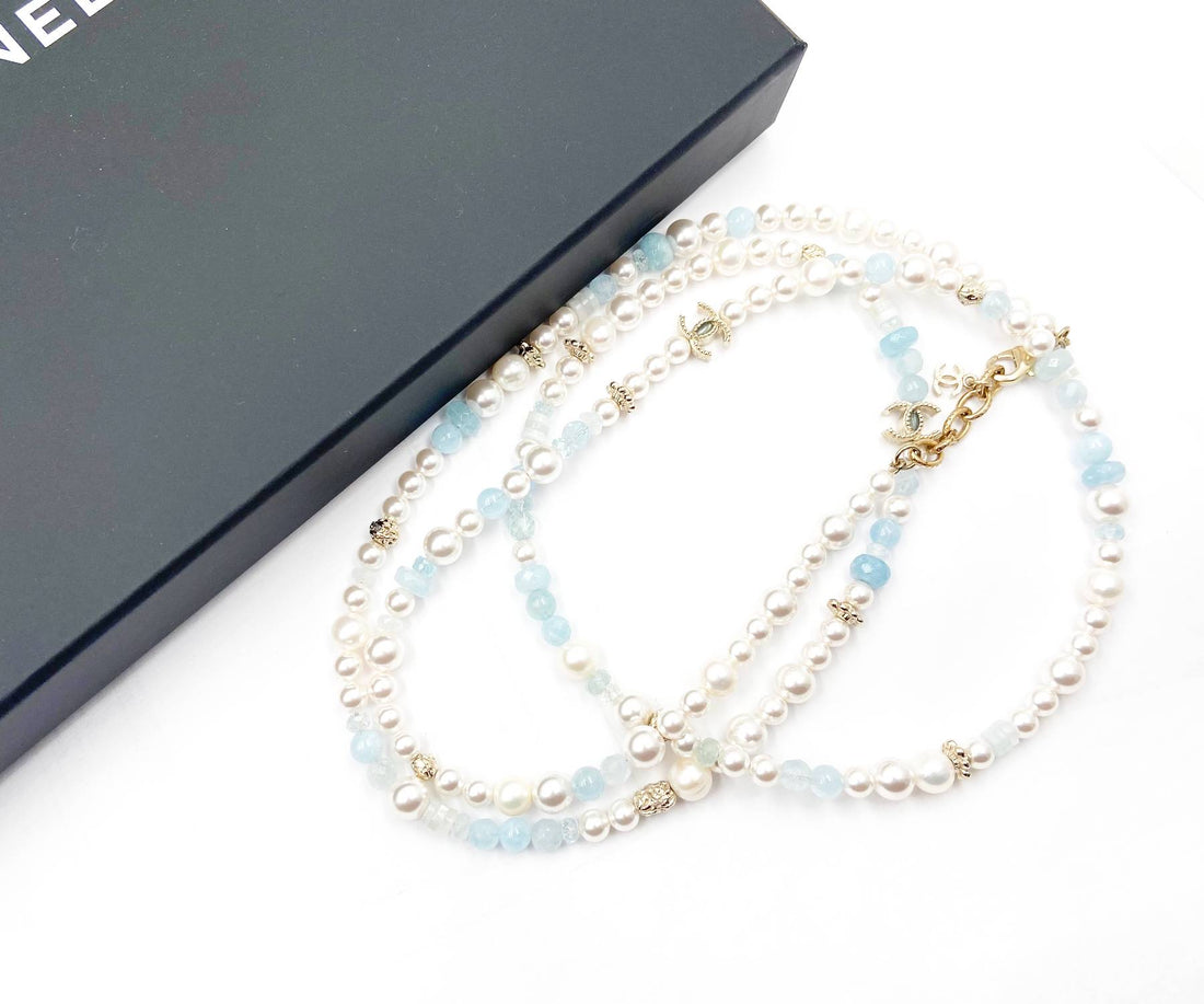 Top Quality Chanel Brand New Gold CC Aquamarine Fresh Water Pearl Necklace