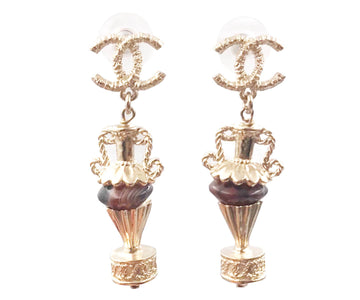 Top Quality Chanel Brand New Gold CC Brown Stone Amphora Piercing Earrings