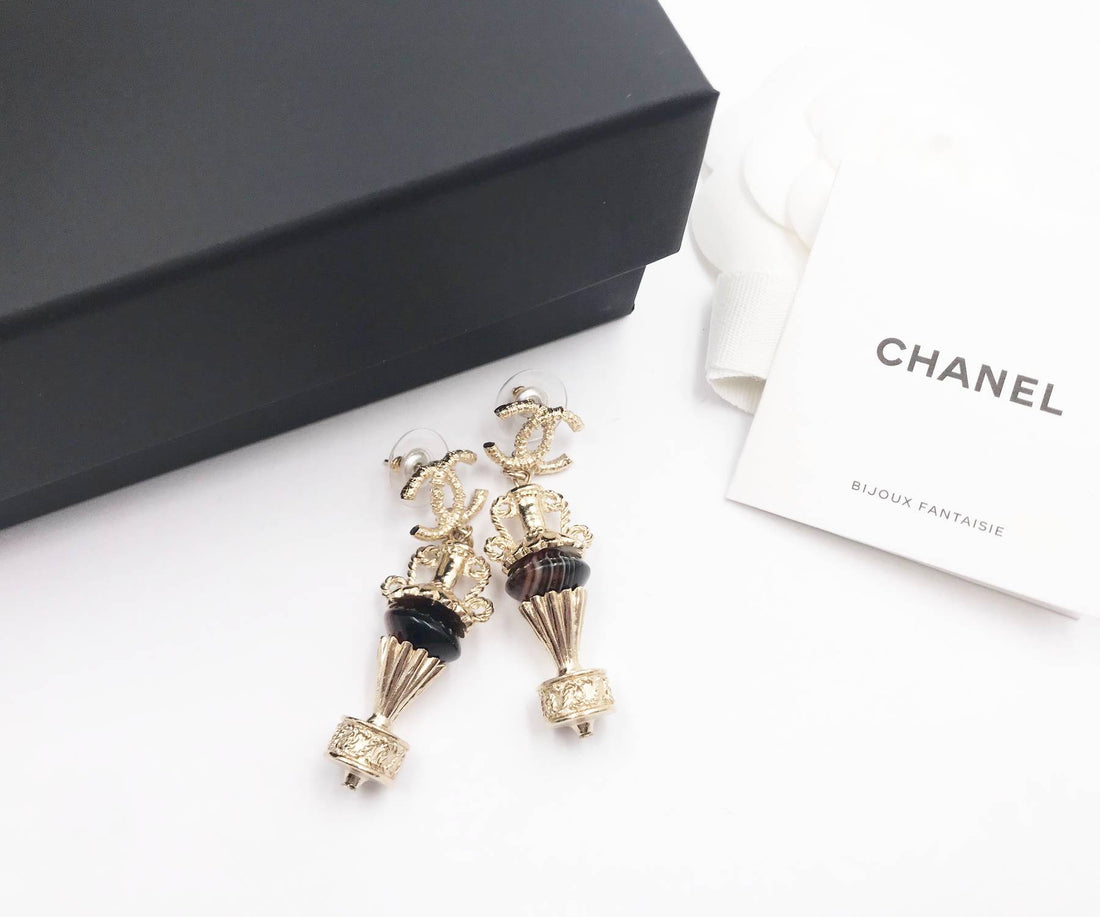 Top Quality Chanel Brand New Gold CC Brown Stone Amphora Piercing Earrings