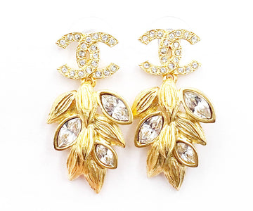 Top Quality Chanel Brand New Gold CC Crystal Olive Leaf Dangle Piercing Earrings
