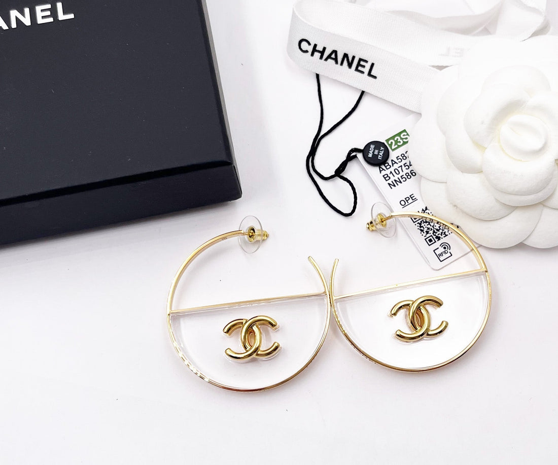 Top Quality Chanel Brand New Gold CC Transparent Large Hoop Earrings