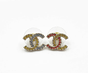 Top Quality Chanel Brand New Gold CC Yellow Pink Blue Asymmetrical Crystal Piercing Earrings