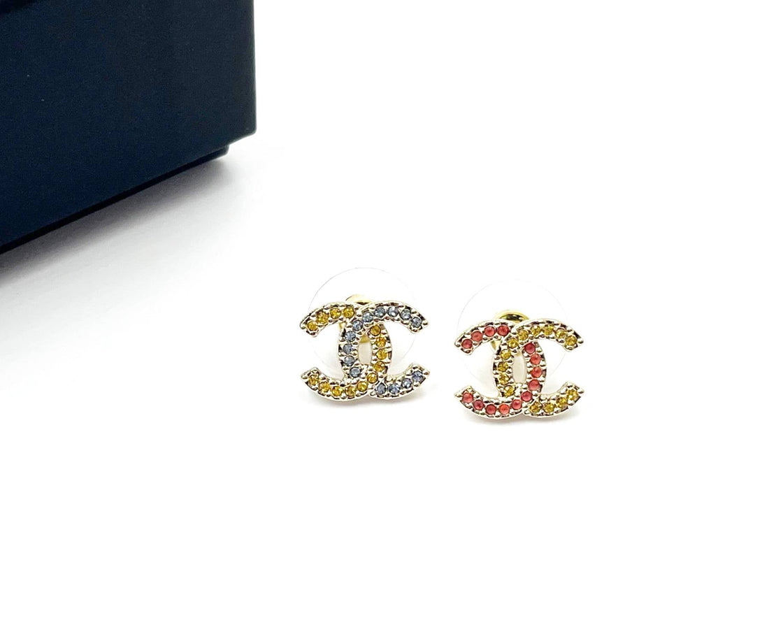Top Quality Chanel Brand New Gold CC Yellow Pink Blue Asymmetrical Crystal Piercing Earrings