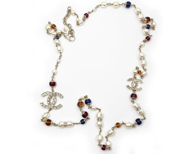 Top Quality Chanel Brand New Gold Scratchy CC Blue Red Bead Pearl Long Necklace