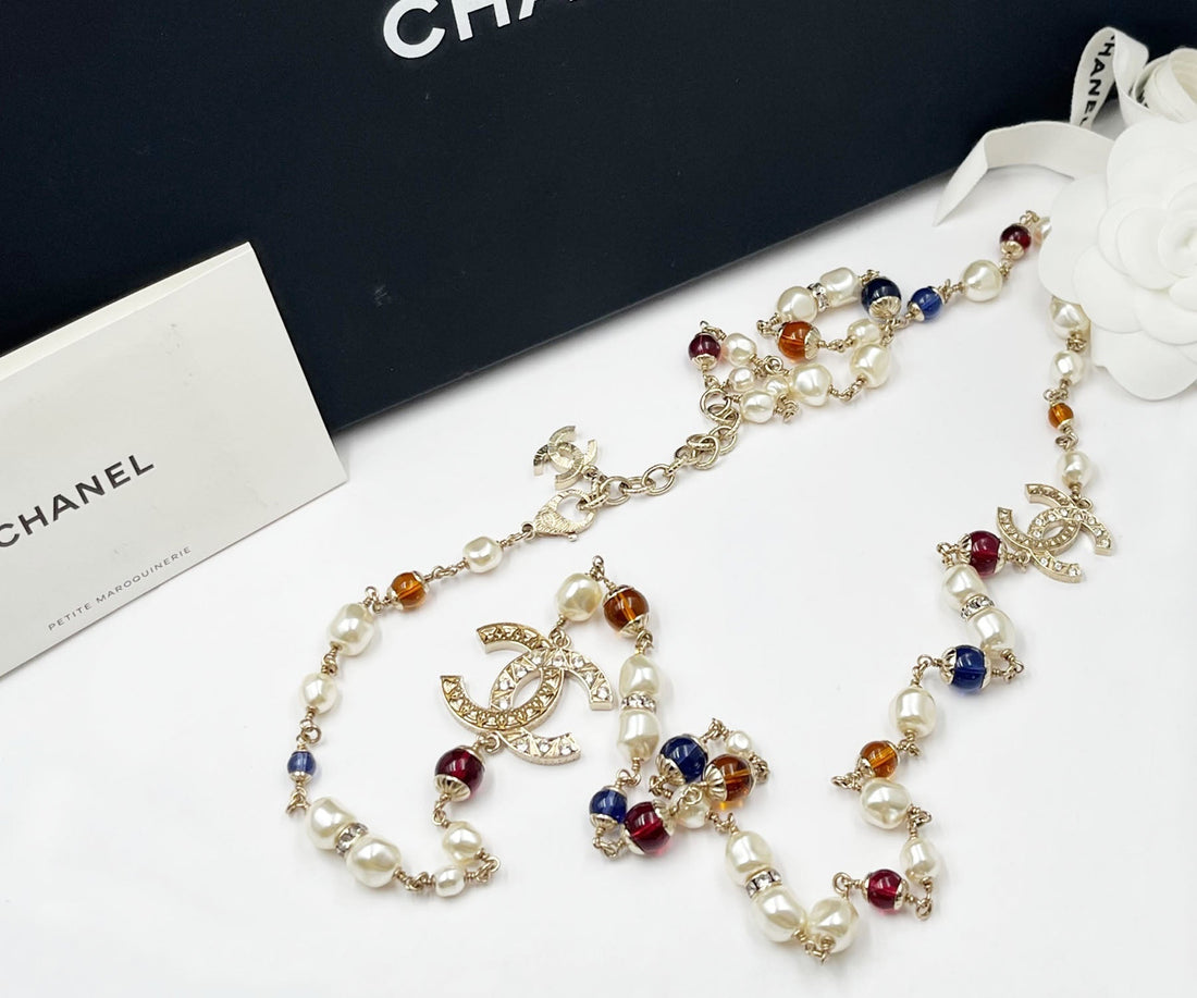 Top Quality Chanel Brand New Gold Scratchy CC Blue Red Bead Pearl Long Necklace