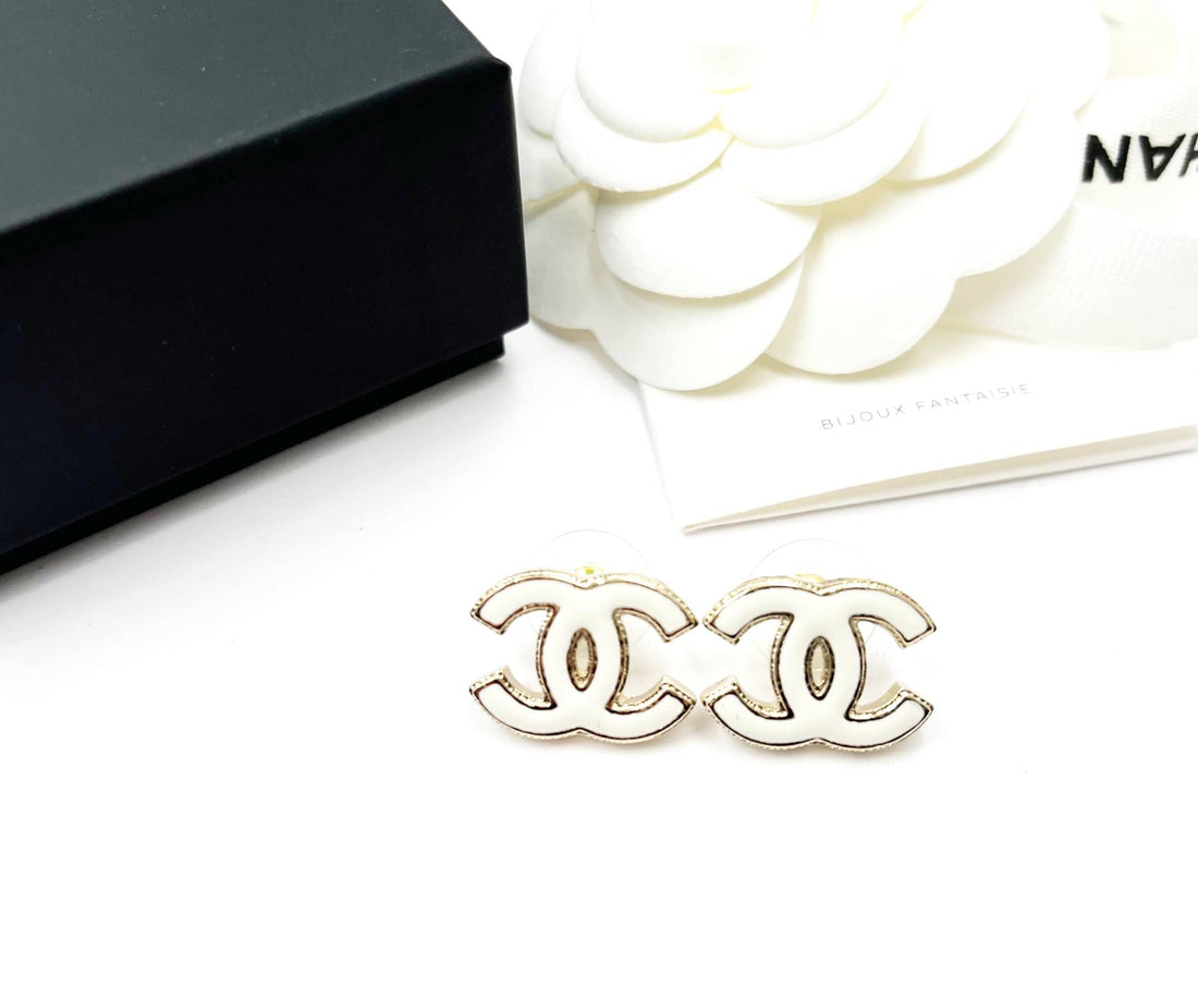 Top Quality Chanel Brand New Gold CC White Enamel Reissued Piercing Earrings