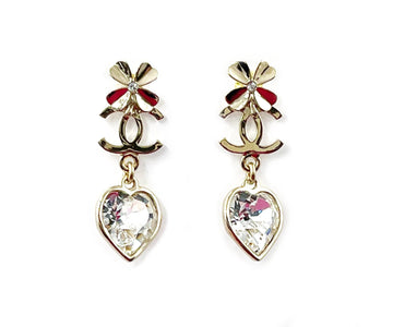 Top Quality Chanel Brand New Gold CC Clover CC Heart Crystal Dangle Piercing Earrings