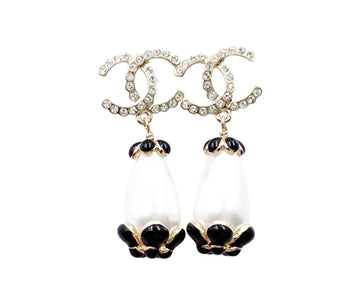 Top Quality Chanel Brand New Gold Scallop CC Black Flower Pearl Large Piercing Earrings