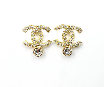 Top Quality Chanel Brand New Gold CC Crystal Bottom Crystal Piercing Earrings