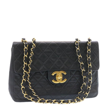 Chanel Big Matelasse New Chain Shoulder Bag Lamb Skin Black Gold Auth amgA