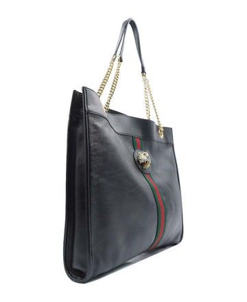Maxi Rajah Chain Tote Leather Bag Black
