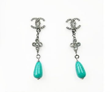 Top Quality Chanel Brand New Gunmetal CC Crystal Green Stone Long Piercing Earrings