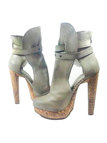 HERVE LEGER Crackle Leather Gray Taupe Buckle Wrap Cork Platform Heels Size 8