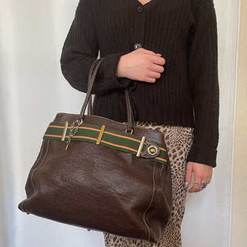 Gucci  Brown Grained Leather Lock Tote