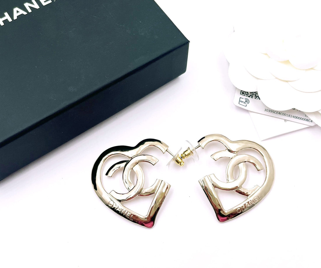 Top Quality Chanel Brand New Light Gold Open Heart Large Piercing Earrings