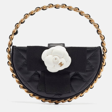 Top Quality Chanel Black Quilted Leather Mini Round Camellia Clutch