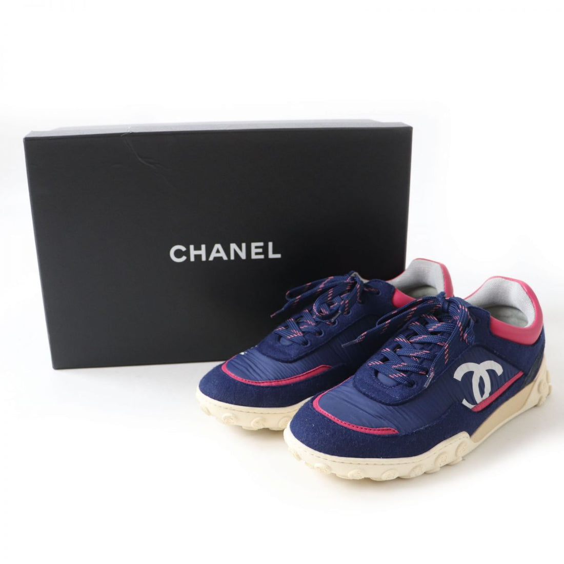 Top Quality Chanel COCO Mark Nylon Suede Sneakers Navy Pink 38