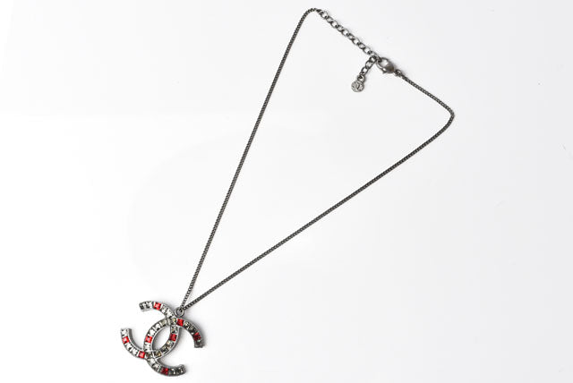 Chanel Necklace/Pendant, Metal, Rhinestone, Gunmetal/Red, W3.7?óH2.8cm, 42cm