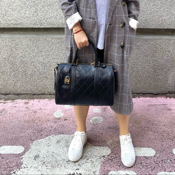 CHANEL Duffle Flat Quilt Boston  Black Lambskin