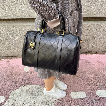 CHANEL Duffle Flat Quilt Boston  Black Lambskin