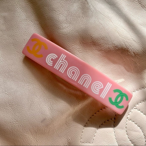 CHANEL  pink logo hair barrette