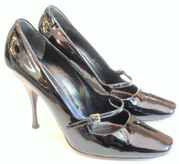 LOUIS VUITTON Slick Black  Leather Square Toe Cut Out Buckle Vamp Heel