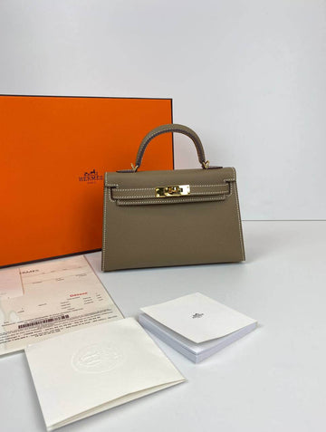 Hermes Kelly 20 Mini Sellier Bag Gray Leather Gold Hardware