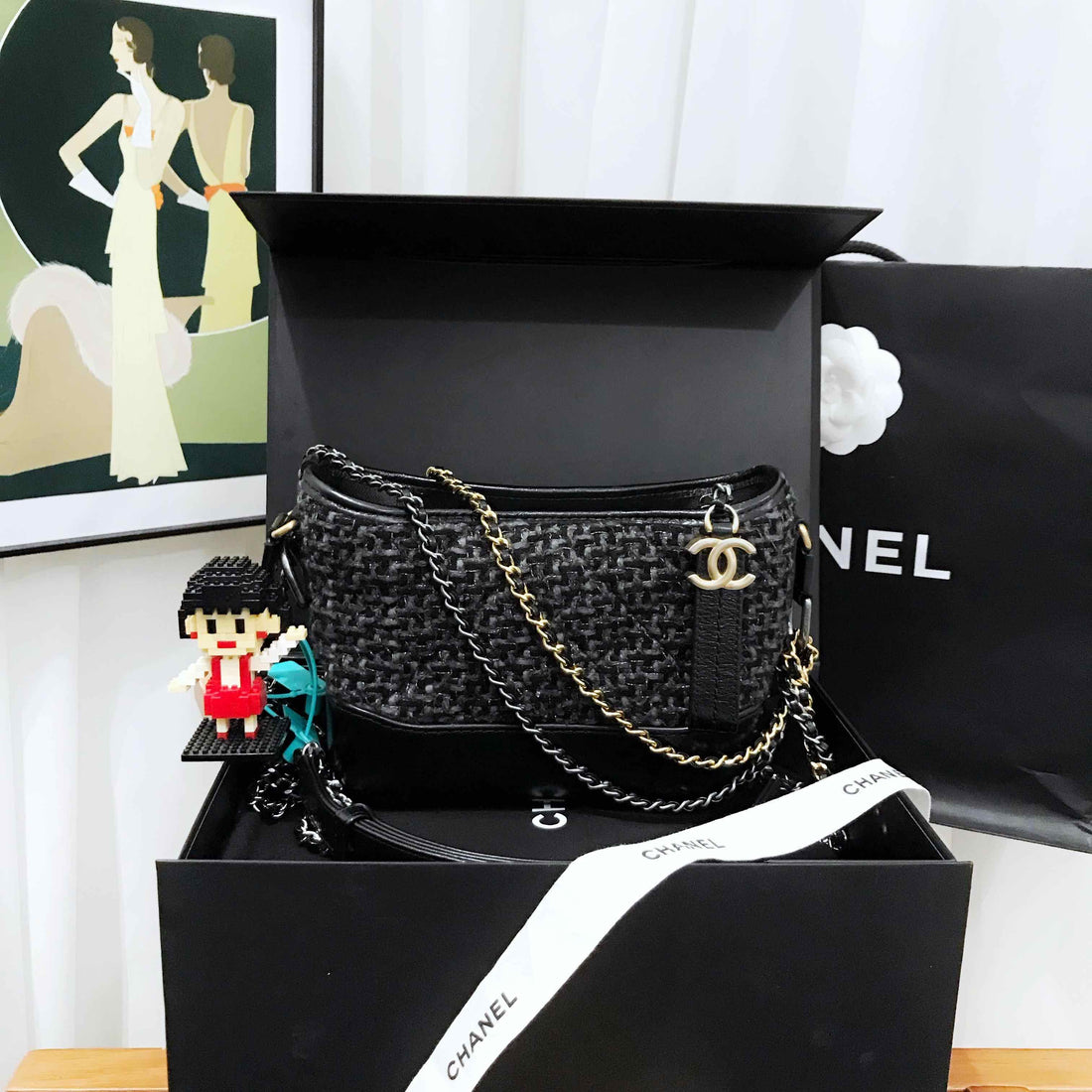 Top Quality Chanel Wandering Black Tweed Leather Shoulder Bag Medium