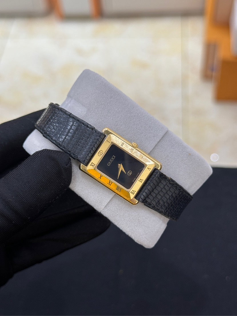 Gucci Gold Black Leather Rectangle Watch 33x22x6mm
